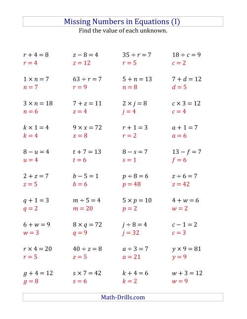 The Missing Numbers in Equations (Variables) -- All Operations (Range 1 to 9) (I) Math Worksheet Page 2