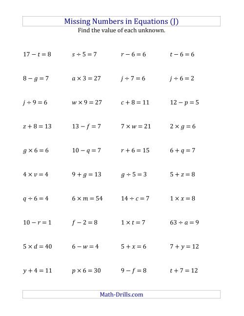 The Missing Numbers in Equations (Variables) -- All Operations (Range 1 to 9) (J) Math Worksheet