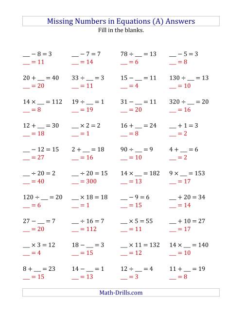 The Missing Numbers in Equations (Blanks) -- All Operations (Range 1 to 20) (A) Math Worksheet Page 2