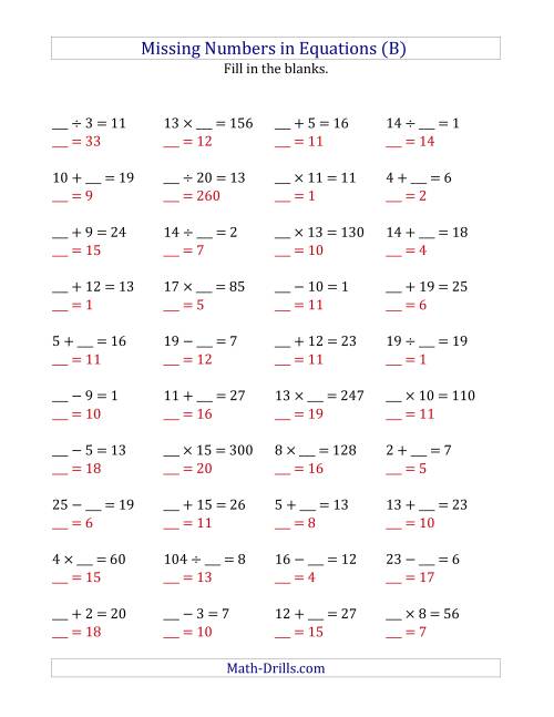 The Missing Numbers in Equations (Blanks) -- All Operations (Range 1 to 20) (B) Math Worksheet Page 2