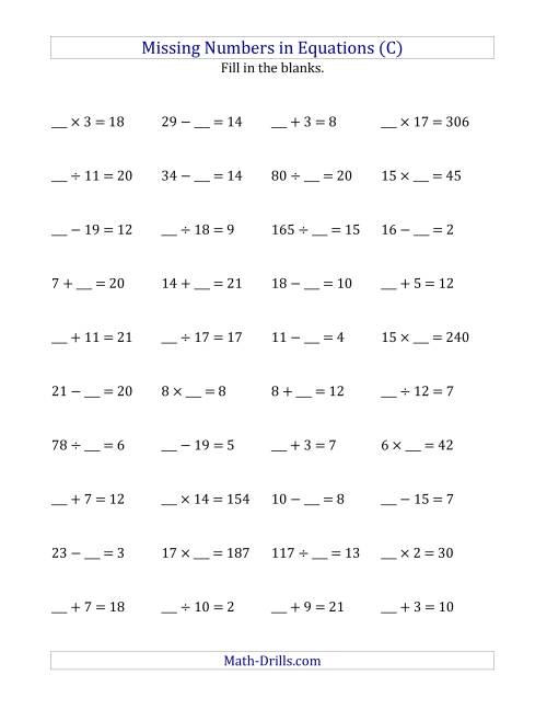 The Missing Numbers in Equations (Blanks) -- All Operations (Range 1 to 20) (C) Math Worksheet