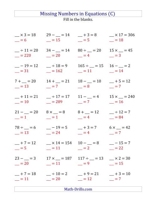 The Missing Numbers in Equations (Blanks) -- All Operations (Range 1 to 20) (C) Math Worksheet Page 2