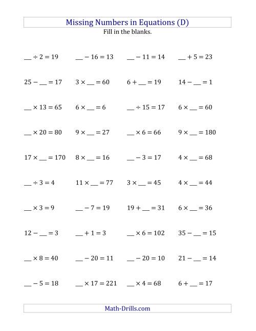 The Missing Numbers in Equations (Blanks) -- All Operations (Range 1 to 20) (D) Math Worksheet