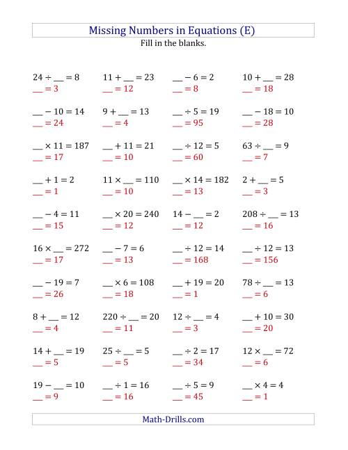 The Missing Numbers in Equations (Blanks) -- All Operations (Range 1 to 20) (E) Math Worksheet Page 2