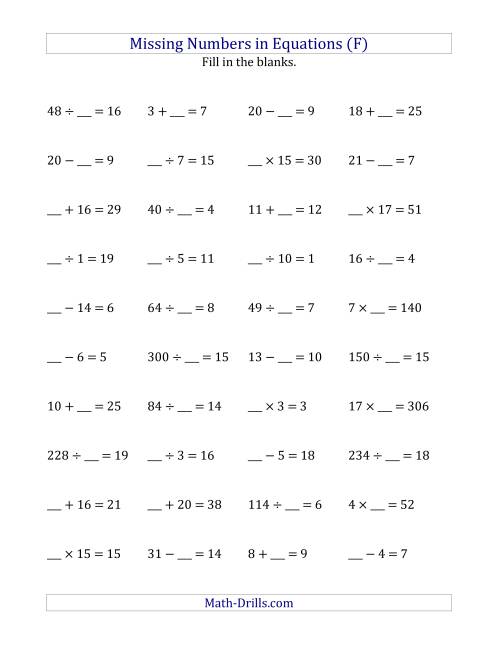 The Missing Numbers in Equations (Blanks) -- All Operations (Range 1 to 20) (F) Math Worksheet