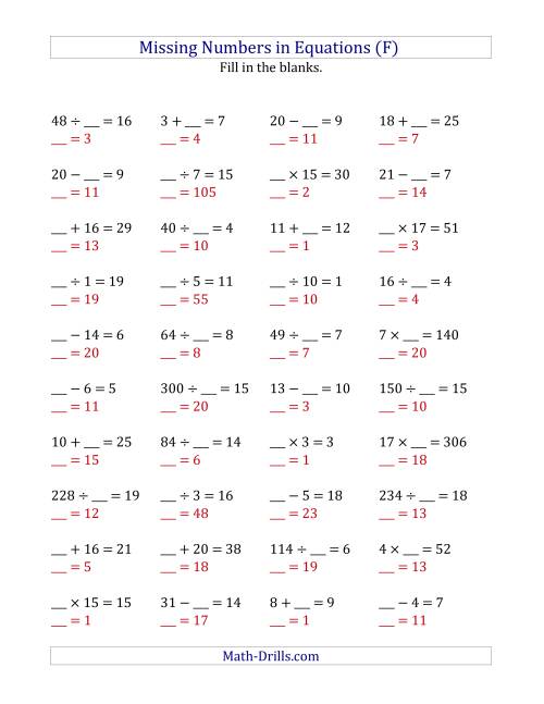 The Missing Numbers in Equations (Blanks) -- All Operations (Range 1 to 20) (F) Math Worksheet Page 2