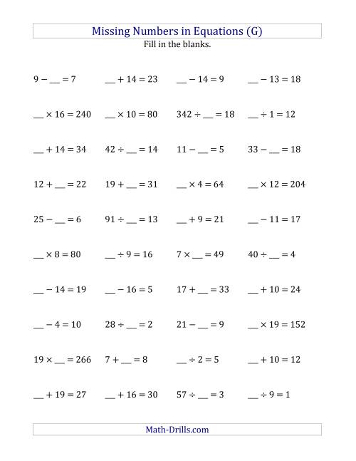 The Missing Numbers in Equations (Blanks) -- All Operations (Range 1 to 20) (G) Math Worksheet