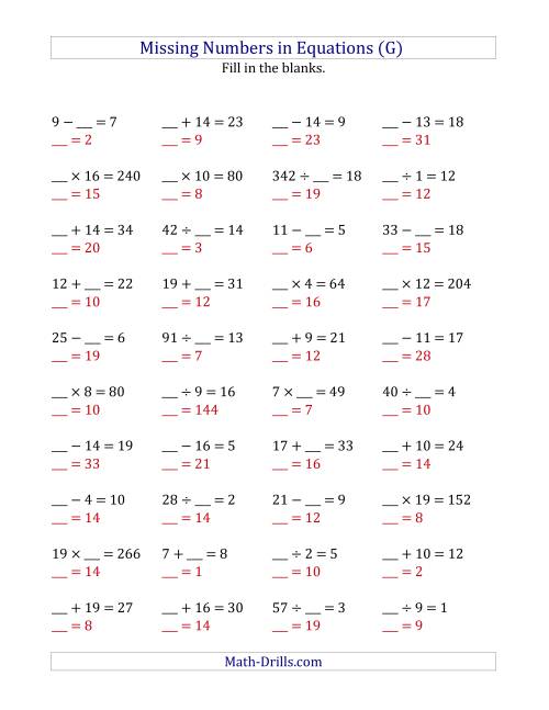 The Missing Numbers in Equations (Blanks) -- All Operations (Range 1 to 20) (G) Math Worksheet Page 2