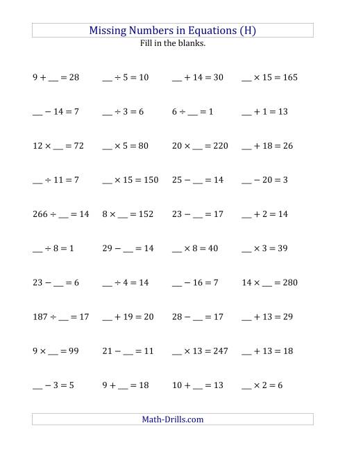 The Missing Numbers in Equations (Blanks) -- All Operations (Range 1 to 20) (H) Math Worksheet