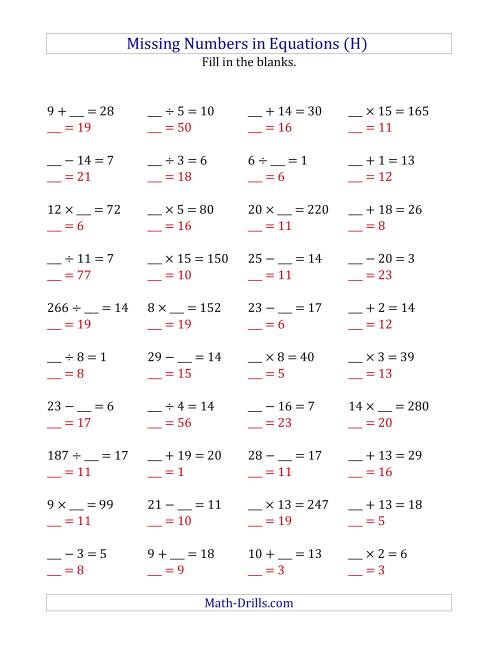 The Missing Numbers in Equations (Blanks) -- All Operations (Range 1 to 20) (H) Math Worksheet Page 2