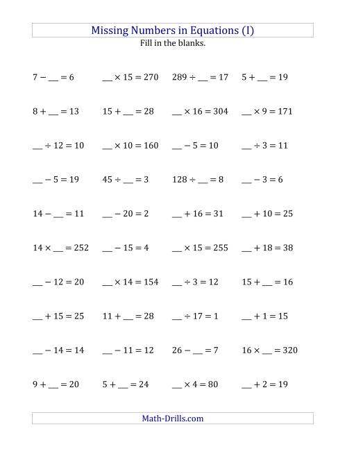 The Missing Numbers in Equations (Blanks) -- All Operations (Range 1 to 20) (I) Math Worksheet