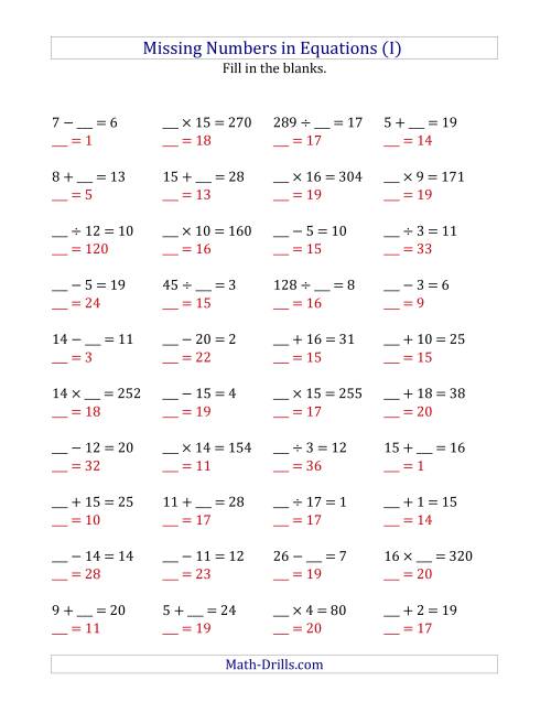 The Missing Numbers in Equations (Blanks) -- All Operations (Range 1 to 20) (I) Math Worksheet Page 2