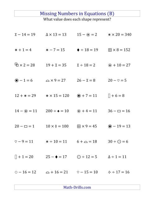 The Missing Numbers in Equations (Symbols) -- All Operations (Range 1 to 20) (B) Math Worksheet