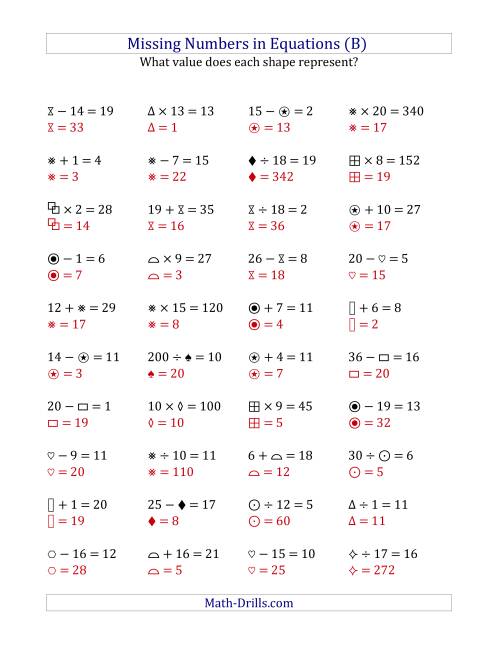 The Missing Numbers in Equations (Symbols) -- All Operations (Range 1 to 20) (B) Math Worksheet Page 2