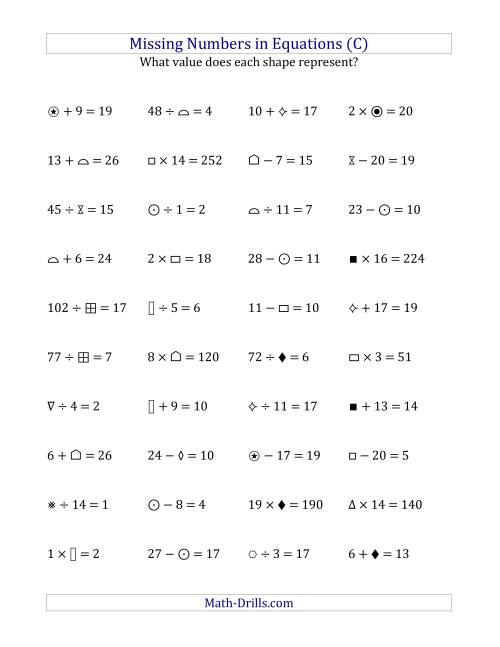 The Missing Numbers in Equations (Symbols) -- All Operations (Range 1 to 20) (C) Math Worksheet
