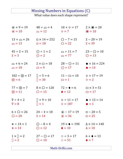 The Missing Numbers in Equations (Symbols) -- All Operations (Range 1 to 20) (C) Math Worksheet Page 2