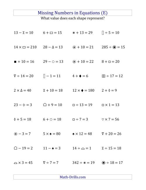 The Missing Numbers in Equations (Symbols) -- All Operations (Range 1 to 20) (E) Math Worksheet