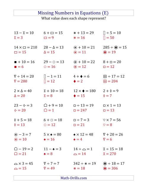 The Missing Numbers in Equations (Symbols) -- All Operations (Range 1 to 20) (E) Math Worksheet Page 2