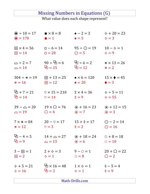 The Missing Numbers in Equations (Symbols) -- All Operations (Range 1 to 20) (G) Math Worksheet Page 2