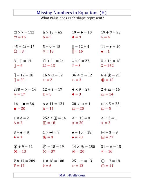 The Missing Numbers in Equations (Symbols) -- All Operations (Range 1 to 20) (H) Math Worksheet Page 2