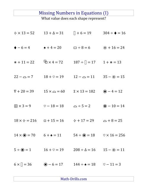 The Missing Numbers in Equations (Symbols) -- All Operations (Range 1 to 20) (I) Math Worksheet