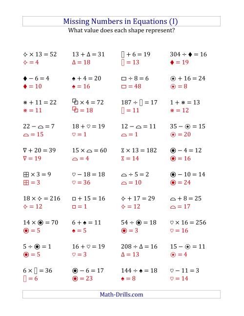 The Missing Numbers in Equations (Symbols) -- All Operations (Range 1 to 20) (I) Math Worksheet Page 2
