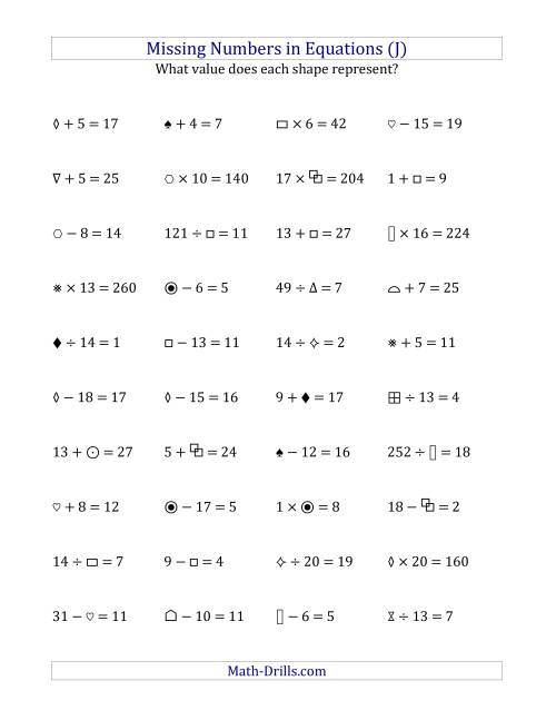 The Missing Numbers in Equations (Symbols) -- All Operations (Range 1 to 20) (J) Math Worksheet