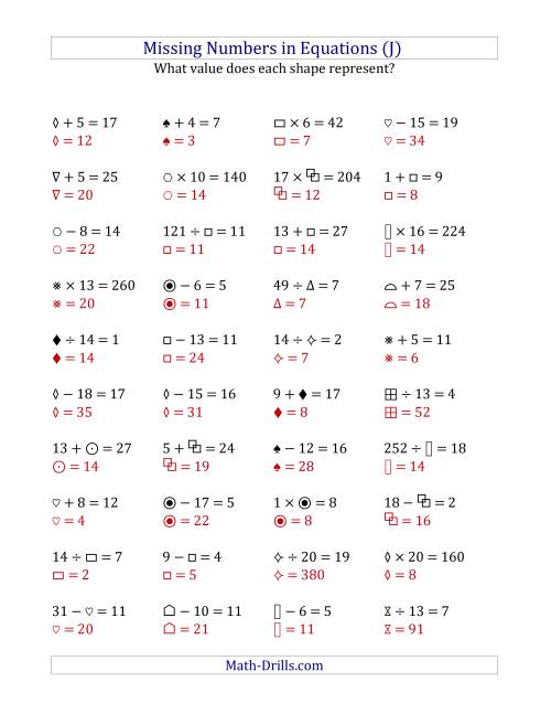 The Missing Numbers in Equations (Symbols) -- All Operations (Range 1 to 20) (J) Math Worksheet Page 2