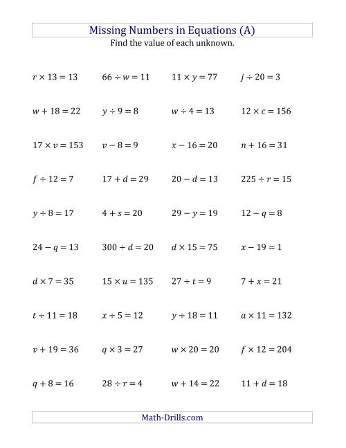 The Missing Numbers in Equations (Variables) -- All Operations (Range 1 to 20) (A) Math Worksheet