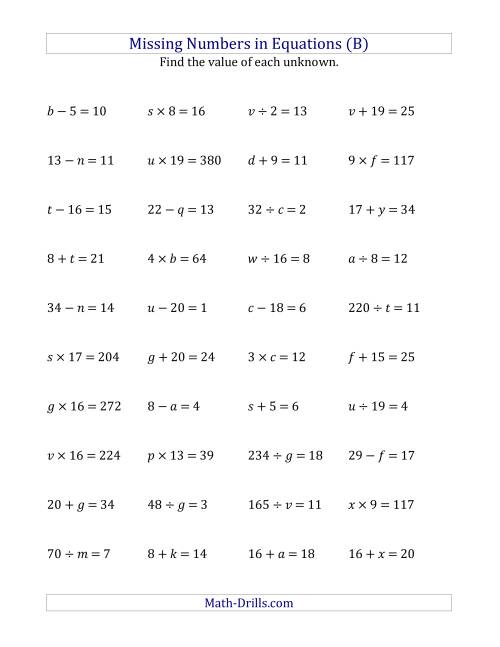 The Missing Numbers in Equations (Variables) -- All Operations (Range 1 to 20) (B) Math Worksheet