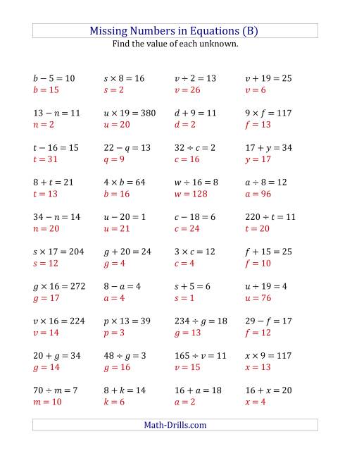 The Missing Numbers in Equations (Variables) -- All Operations (Range 1 to 20) (B) Math Worksheet Page 2