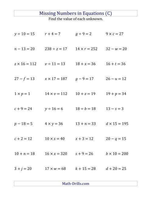 The Missing Numbers in Equations (Variables) -- All Operations (Range 1 to 20) (C) Math Worksheet