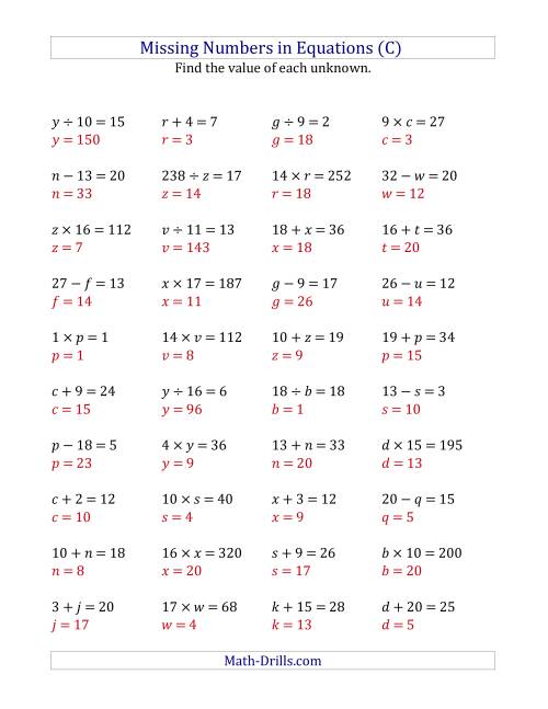 The Missing Numbers in Equations (Variables) -- All Operations (Range 1 to 20) (C) Math Worksheet Page 2