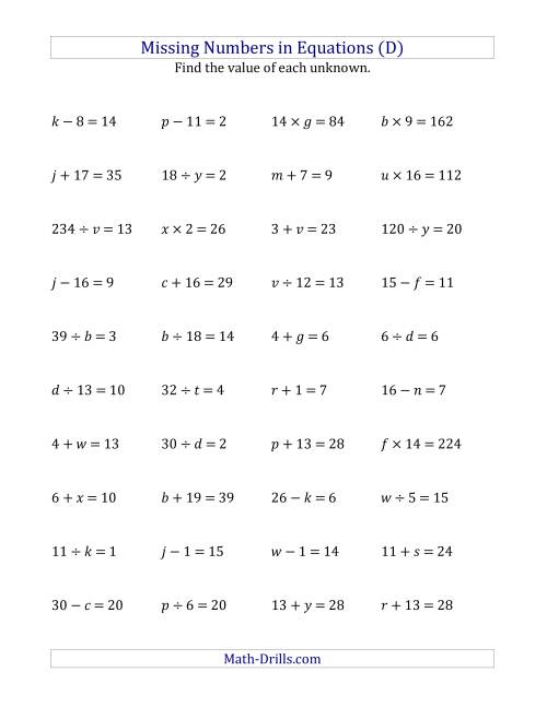 The Missing Numbers in Equations (Variables) -- All Operations (Range 1 to 20) (D) Math Worksheet