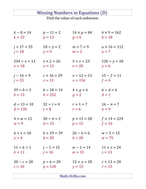 The Missing Numbers in Equations (Variables) -- All Operations (Range 1 to 20) (D) Math Worksheet Page 2