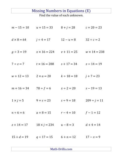 The Missing Numbers in Equations (Variables) -- All Operations (Range 1 to 20) (E) Math Worksheet