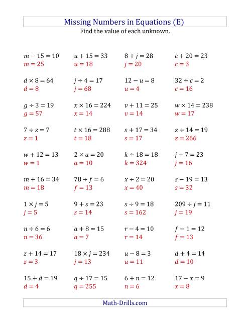 The Missing Numbers in Equations (Variables) -- All Operations (Range 1 to 20) (E) Math Worksheet Page 2