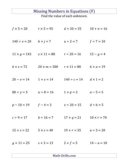 The Missing Numbers in Equations (Variables) -- All Operations (Range 1 to 20) (F) Math Worksheet