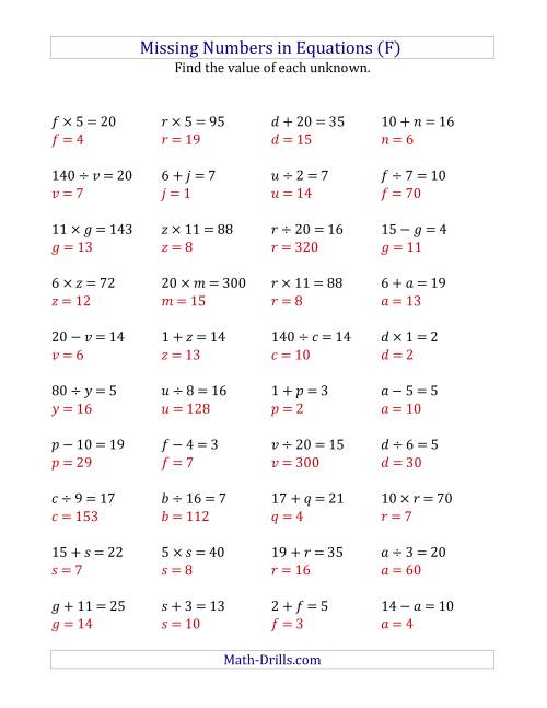 The Missing Numbers in Equations (Variables) -- All Operations (Range 1 to 20) (F) Math Worksheet Page 2