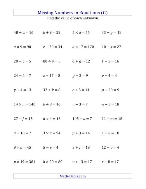 The Missing Numbers in Equations (Variables) -- All Operations (Range 1 to 20) (G) Math Worksheet