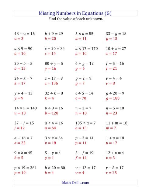 The Missing Numbers in Equations (Variables) -- All Operations (Range 1 to 20) (G) Math Worksheet Page 2