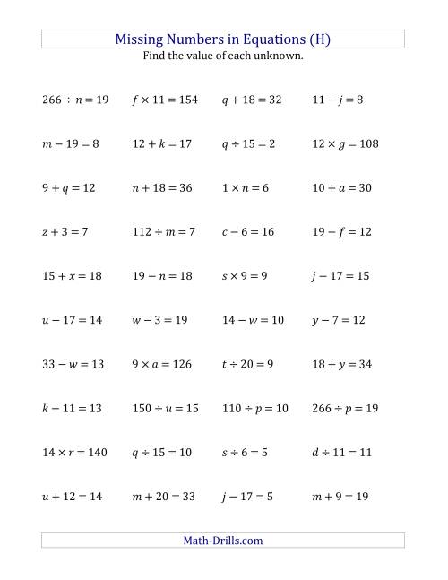 The Missing Numbers in Equations (Variables) -- All Operations (Range 1 to 20) (H) Math Worksheet