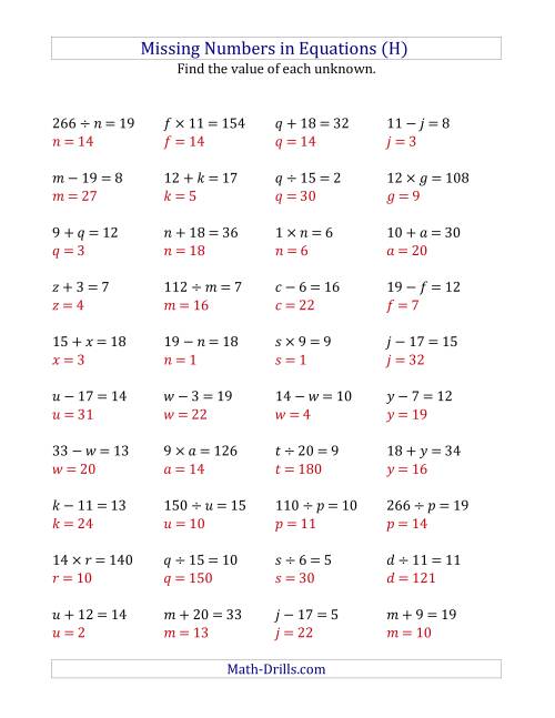 The Missing Numbers in Equations (Variables) -- All Operations (Range 1 to 20) (H) Math Worksheet Page 2
