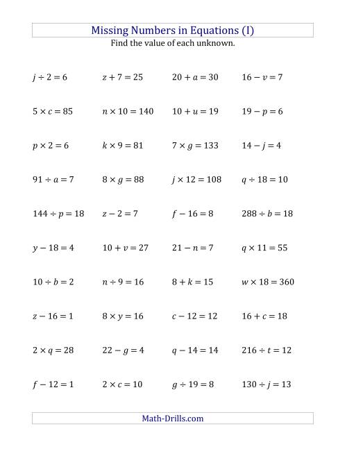 The Missing Numbers in Equations (Variables) -- All Operations (Range 1 to 20) (I) Math Worksheet