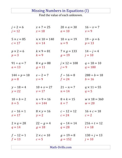 The Missing Numbers in Equations (Variables) -- All Operations (Range 1 to 20) (I) Math Worksheet Page 2