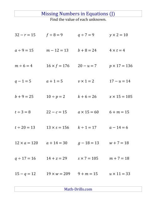 The Missing Numbers in Equations (Variables) -- All Operations (Range 1 to 20) (J) Math Worksheet