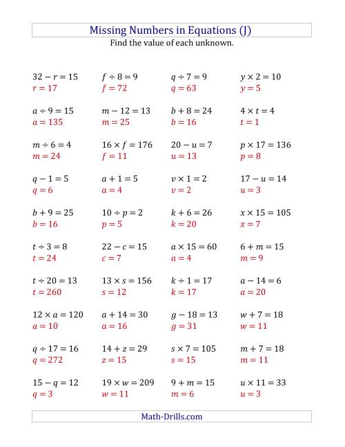 The Missing Numbers in Equations (Variables) -- All Operations (Range 1 to 20) (J) Math Worksheet Page 2