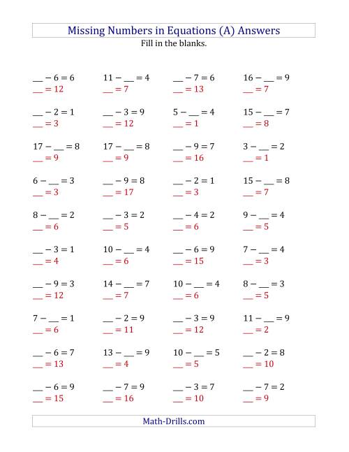 The Missing Numbers in Equations (Blanks) -- Subtraction (Range 1 to 9) (A) Math Worksheet Page 2
