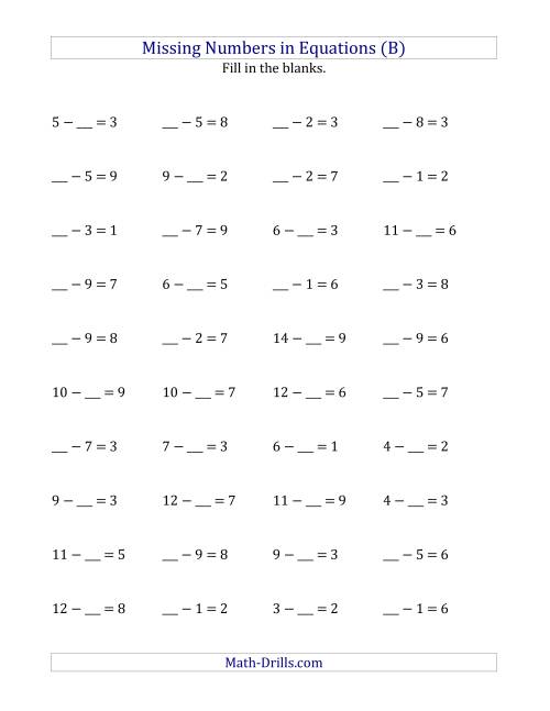 The Missing Numbers in Equations (Blanks) -- Subtraction (Range 1 to 9) (B) Math Worksheet