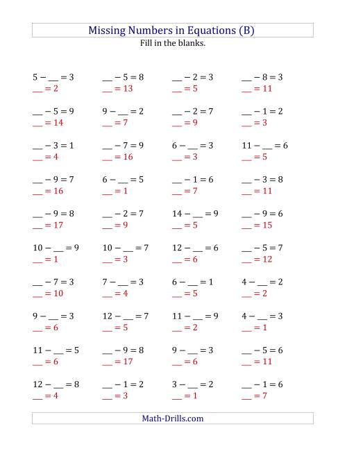 The Missing Numbers in Equations (Blanks) -- Subtraction (Range 1 to 9) (B) Math Worksheet Page 2